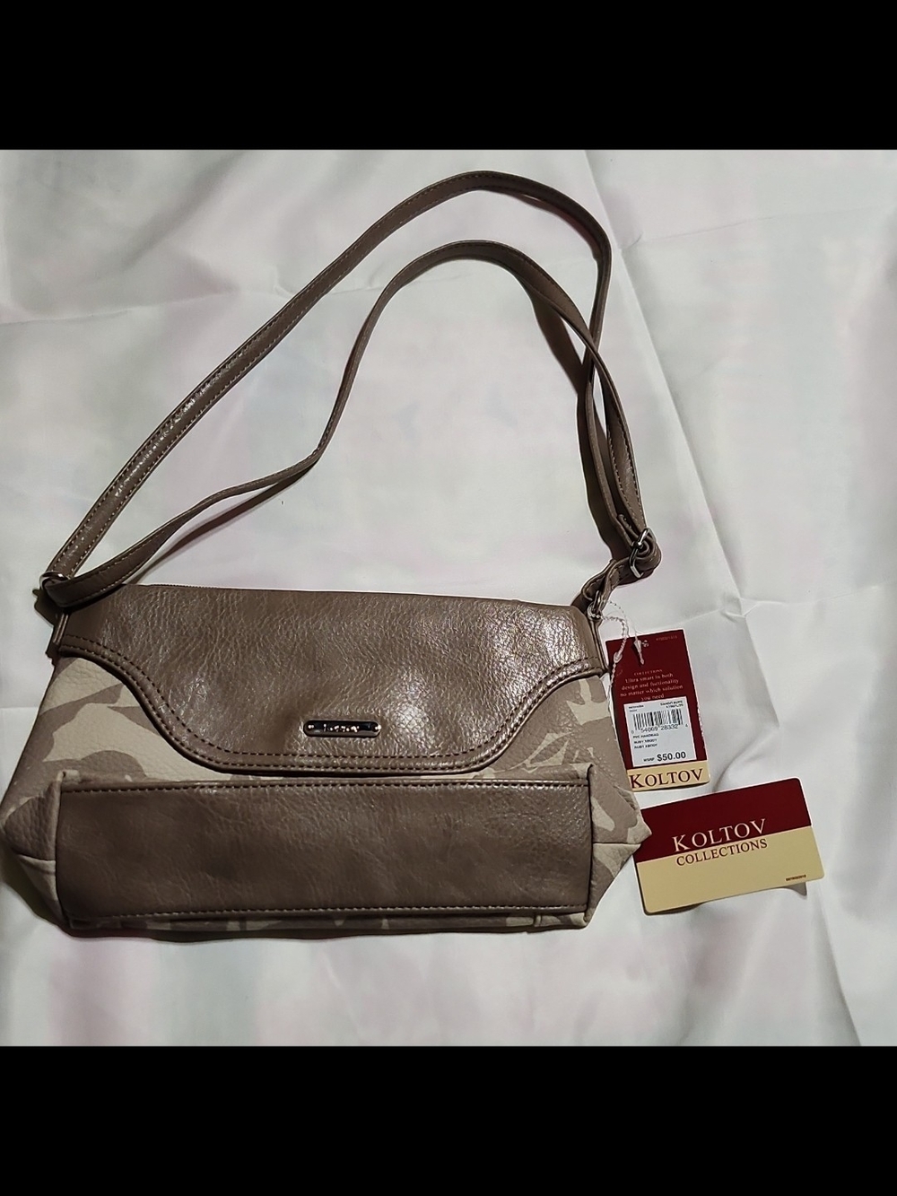 Taupe Leather-Trim Shoulder Bag